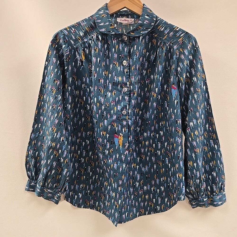 Carol Henry Blouse Long Sleeve 4 Button Womens Size 38 Blue Vintage
